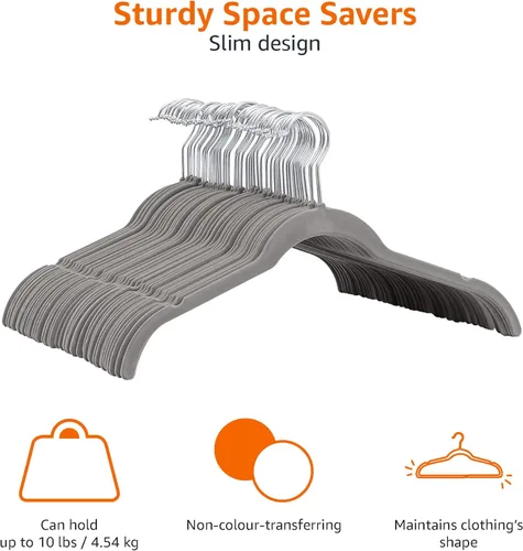 Miniatura 4 de Amazon Basics Perchas antideslizantes de terciopelo delgado que ahorran espacio para la organización del armario, gris/plata, paquete de 30