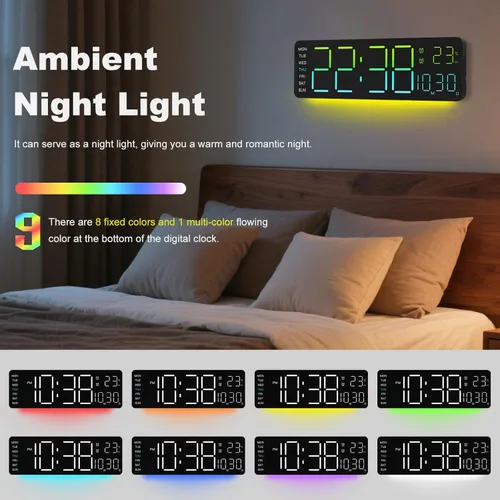 Miniatura 3 de JoFomp Reloj de pared digital LED RGB de 12 pulgadas con control remoto, pantalla de segundos, reloj despertador digital enchufable con brillo