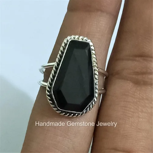 Miniatura 6 de Anillo de ataúd de ónix negro natural, chapado en plata de ley 925, piedra preciosa negra, declaración hecha a mano, piedra de ataúd, regalo