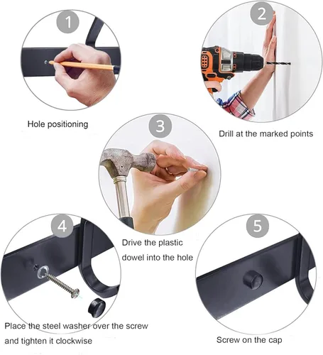 Miniatura 7 de Ganchos de pared negros, perchero de pared de 30 cm con 4 ganchos, ganchos de pared resistentes para colgar mochila, bolso, cartera, ropa, sombrero