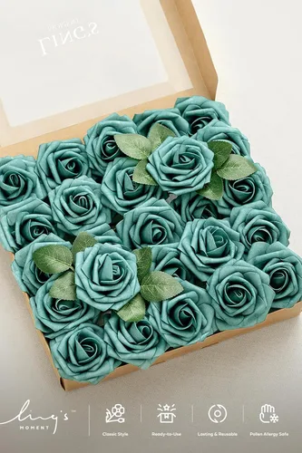 Miniatura 5 de Ling's moment Flores artificiales, 25 rosas turquesas decorativas con tallos, 3 pulgadas de espuma floral para ramo de boda, centros de mesa, fondo