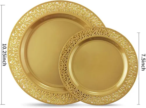 Miniatura 2 de 102 platos desechables de plástico de color café dorado con diseño de encaje, sin bisfenol A, lo que incluye: 51 platos llanos de 10.25 pulgadas