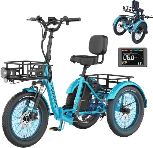 Miniatura 12 de MOONCOOL Triciclo eléctrico para adultos, 500 W/750 W 48 V, triciclo eléctrico plegable de potencia máxima 1100 W, neumático grueso de 20 x 3.0