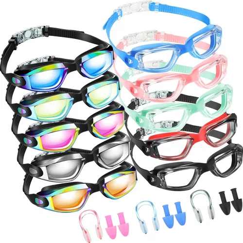Miniatura 9 de Konohan Paquete de 10 gafas de natación a granel para niños y adultos, gafas de piscina antivaho de silicona sin fugas, gafas de natación