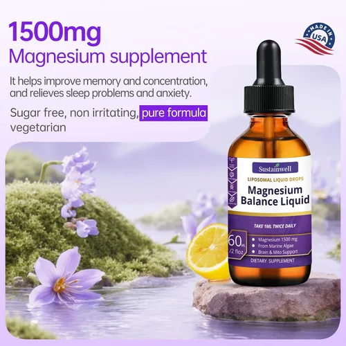 Miniatura 2 de Gotas líquidas de magnesio de 1500 mg de alta absorción, suplemento cerebral para concentrarse en la memoria, sueño, sin azúcar, vegano, 2.04 onzas