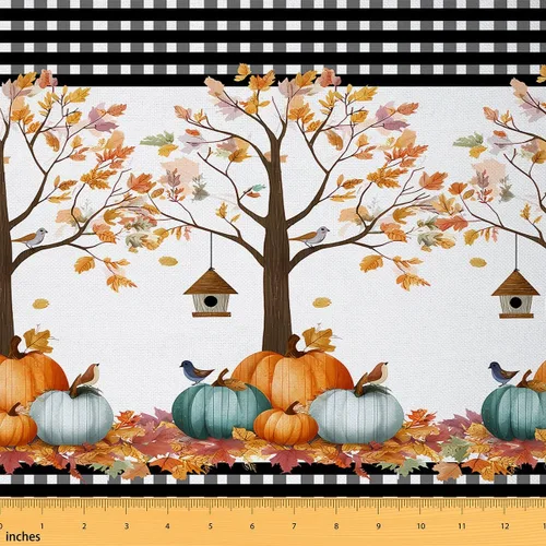 The Yard - Tela con texto en inglés «Hello Fall», 36 pulgadas de largo x 59 pulgadas de ancho, hojas de árbol de calabaza otoñal, tela de tapicería