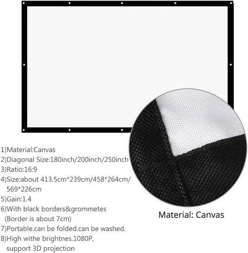 Miniatura 4 de Pantalla de proyector, lanzamiento de 180/200/250/300 pulgadas, pantalla de proyección de 16:9, pantalla portátil, lienzo blanco mate para película