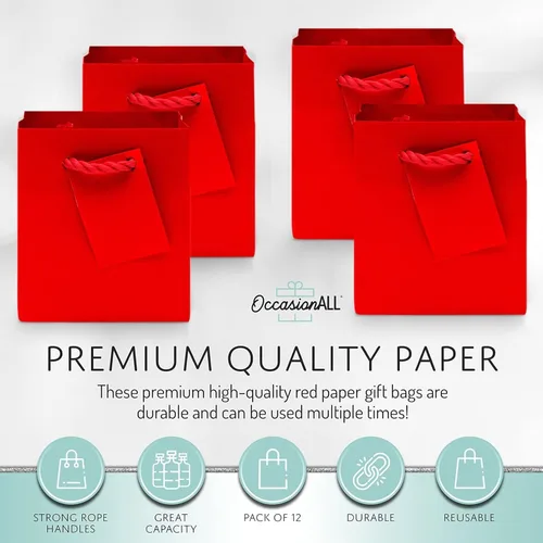 Miniatura 3 de OccasionALL Pequeñas bolsas de regalo rojas con asas, pequeñas bolsas de regalo de papel para recuerdos de fiesta, bodas, cumpleaños y uso