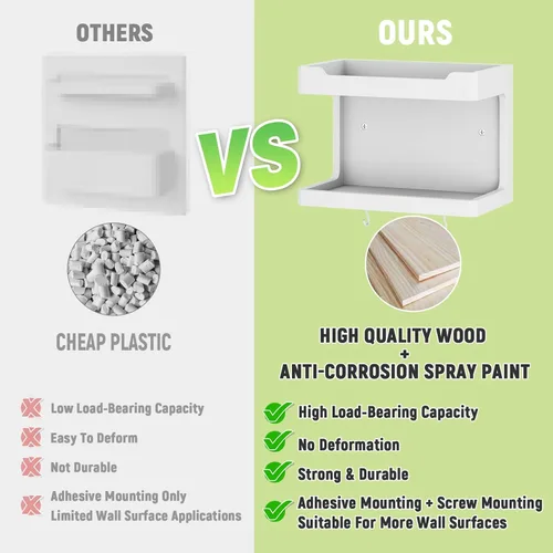 Miniatura 5 de NiHome Organizador Grande de Mesita de Noche de Madera para Montar en la Pared, Estantes de Almacenamiento Dobles y Ganchos Magnéticos, Estante