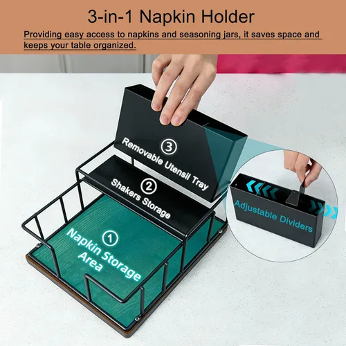 Miniatura 5 de Servilletero para mesa, dispensador de servilletas de metal con almacenamiento de salero y pimienta, soporte para utensilios 3 en 1, estante