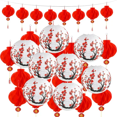 Mototo Kit de 30 faroles de papel chinos japoneses, 12 pulgadas, flor de cerezo japonés con flor de cerezo rojo para festival de primavera, Año
