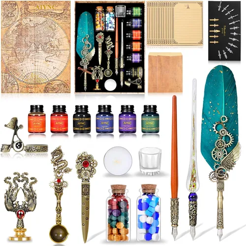 Miniatura 2 de Juego de tinta de pluma con pluma estilográfica, pluma estilográfica de madera, pluma estilográfica de vidrio, 6 botellas de tinta, papel de 16 Verde