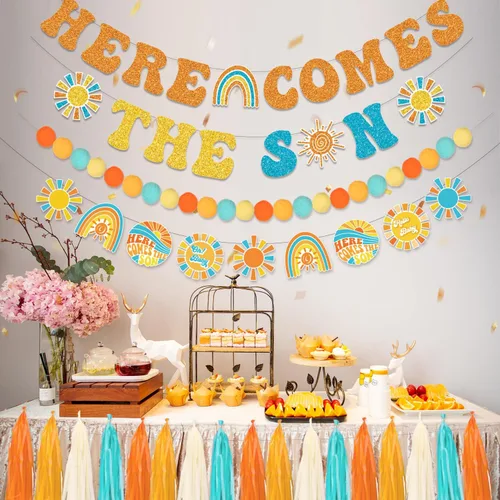 Miniatura 4 de LARRAZABAL Cartel para baby shower con texto en inglés «Here Comes The Son», «Here Comes the Son», decoración de baby shower para niño