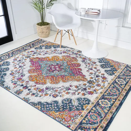 JONATHAN Y Alfombra Bohemio estilo vintage azul/multicolor para interior, 9x12, medallón de estilo bohemio, floral de fácil limpieza, de alto