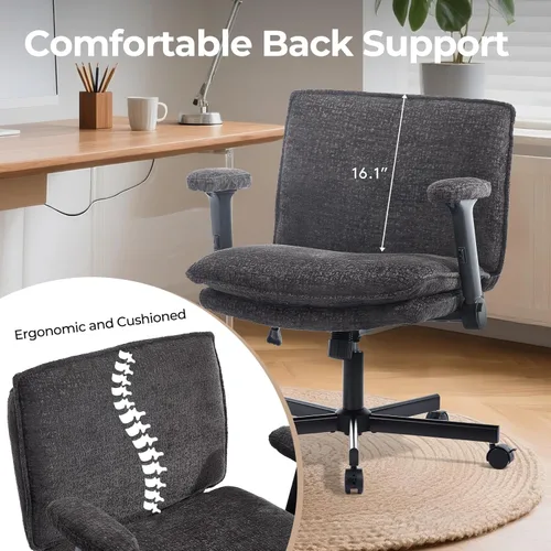 Miniatura 9 de Silla Cruzada con Brazos Abatibles y Ruedas con Bloqueo, Silla de Escritorio de Oficina de Tela de Felpa con Patas Cruzadas, Silla Giratoria de Negro