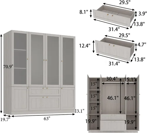 Miniatura 2 de Armario de 4 puertas con varillas para colgar y 2 cajones, armario de dormitorio con puertas de vidrio esmerilado, armario con perilla dorada, veta