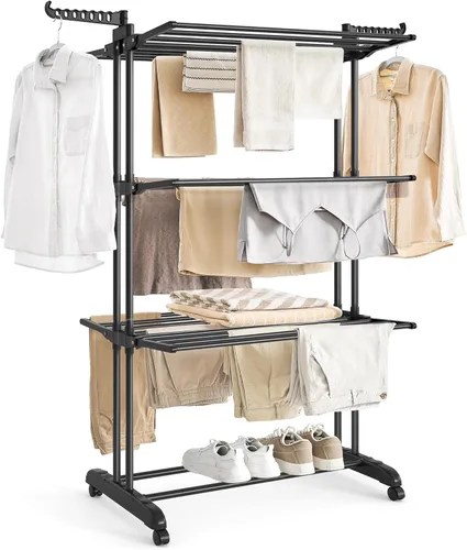 Miniatura 10 de SONGMICS Tendedero para Ropa de 4 Niveles, Tendedero Plegable para Secado de Ropa de 173 cm de Altura, Acero, Carrito para Secar Ropa, Fácil de Gris