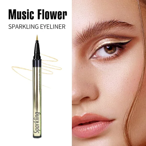 Miniatura 7 de Music Flower Delineador de ojos, delineador de ojos líquido impermeable con punta de precisión, delineadores de ojos metálicos brillantes Dorado