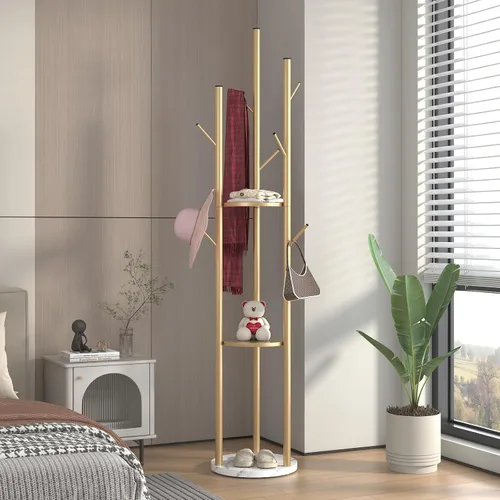 Miniatura 2 de TIEOU Perchero de metal, percheros dorados independientes con estantes y base de mármol, árbol de abrigo con 9 ganchos para bufandas, bolsas