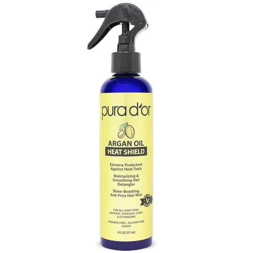 PURA D'OR Spray protector térmico de aceite de argán de 8 onzas con ingredientes orgánicos seleccionados, protege hasta 450º F de planchado plano y