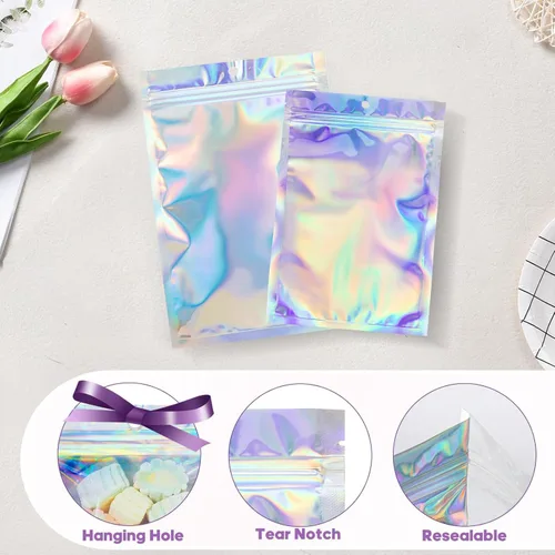 Miniatura 6 de 100 bolsas de embalaje holográficas, bolsa de papel de aluminio resellable de 2.7x3.9 pulgadas, bolsa de muestra de Mylar ideal para pequeños