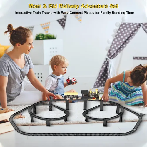 Miniatura 5 de Juego de tren eléctrico con pistas elevadas 3D, vagones de pasajeros de locomotora, luces y modo silencioso, tren de Navidad para niños, regalo
