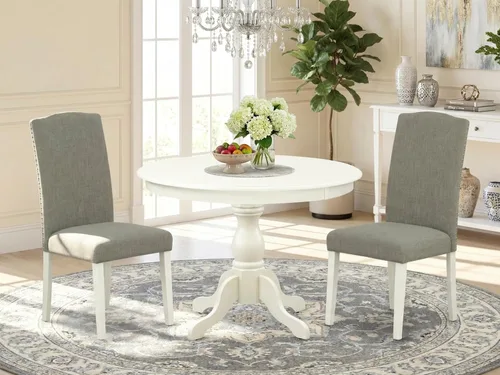 Miniatura 2 de East West Furniture HBEN3-LWH-06 - Juego de mesa de comedor de 3 piezas que contiene una mesa de comedor redonda con pedestal y 2 sillas Parsons