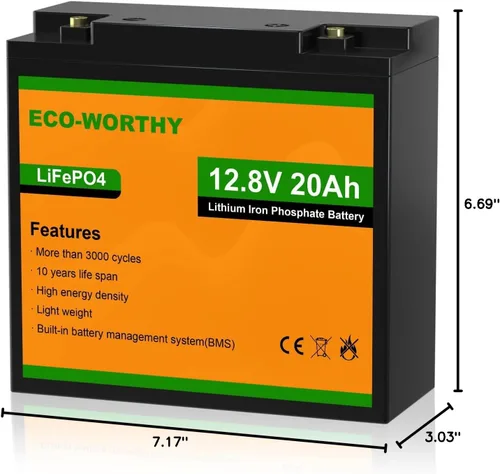 Miniatura 7 de ECO-WORTHY Batería de litio de 12 V, batería recargable de 20 Ah LiFePO4 de iones de litio de fosfato de ciclo profundo con protección BMS