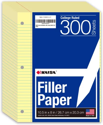 KAISA Papel para cuaderno de hojas sueltas, rayas universitarias, 300 hojas por papel rayado, 8 x 10.5 pulgadas, 3 agujeros perforados para carpeta