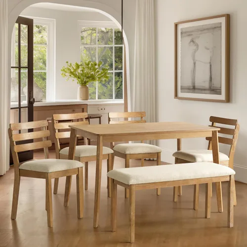 Miniatura 8 de SIMTONAL Juego de comedor de 4 piezas estilo granja, mesa de madera con 2 sillas, banco, mesa de madera moderna de mediados de siglo y juego