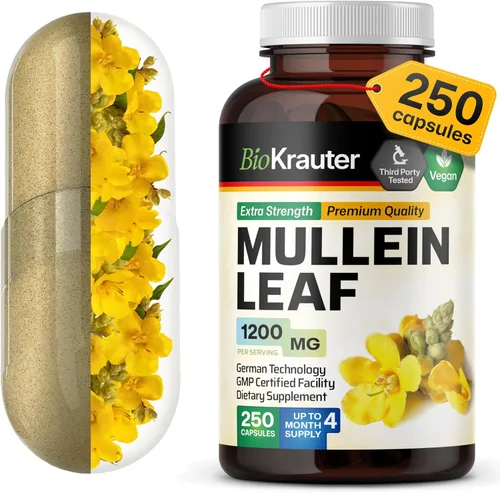 BIO KRAUTER Mullein Cápsulas de 1200 mg 250 cápsulas – Extracto puro de hoja de gordolobo vegano para pulmones – 125 días de suministro – Limpieza