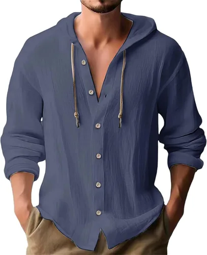Miniatura 5 de Camisas de manga larga con botones para hombre, camisa con capucha a rayas verticales, casual, para vacaciones, verano, ligera, con cordón Z21