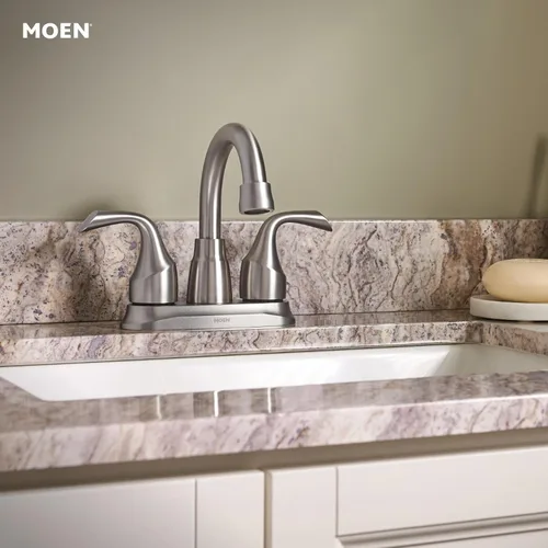 Miniatura 7 de Moen Idora – Grifo de lavabo de baño con dos asas, centrado, de níquel cepillado resistente a las manchas, con montaje de desagüe, 84115SRN