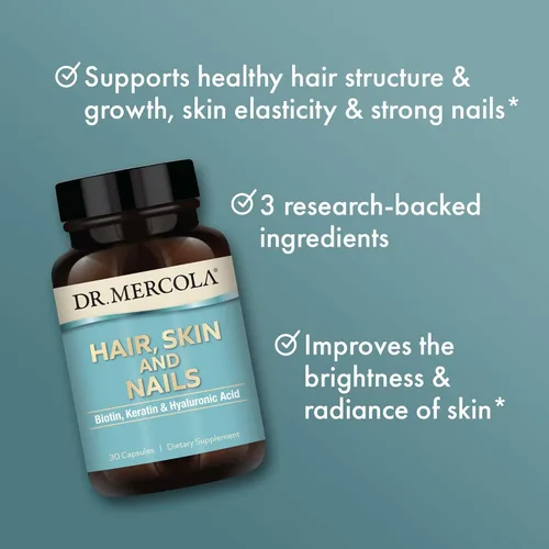 Miniatura 4 de Dr. Mercola Cabello, piel y uñas – Proporciona biotina, queratina y ácido hialurónico – Calidad premium – Apoya el envejecimiento saludable – Sin