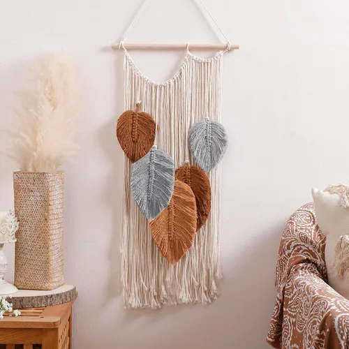 Miniatura 6 de Tapiz de hojas de macramé para decoración de pared, tapices tejidos bohemios, arte de pared de hojas de otoño, grandes borlas bohemias, adorno