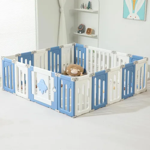 Miniatura 9 de Bestgame - Corralito para bebés - 14 paneles extragrandes plegables para niños pequeños, valla portátil en forma de OVNI, puerta, patio - Azul