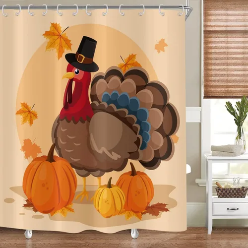 Miniatura 14 de Cortina de ducha de calabaza otoñal, cosecha de otoño, cortina de baño de calabaza azul amarilla de Acción de Gracias, decoración de bañera