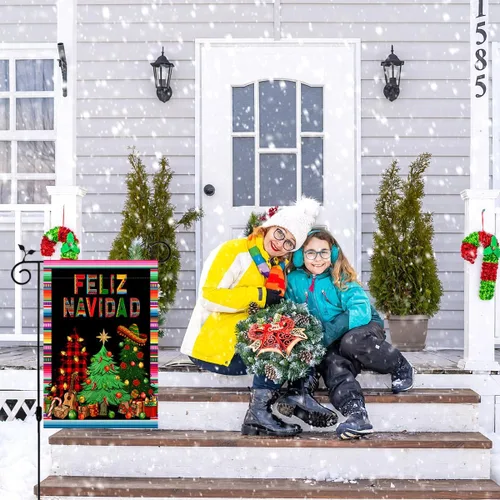 Miniatura 6 de Nepnuser Decoración de Navidad mexicana de Feliz Navidad, bandera de jardín de Navidad, fiesta de invierno, fiesta de doble cara, letrero de patio