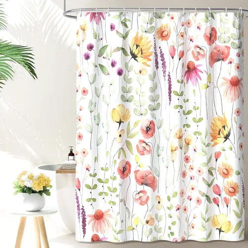 Miniatura 9 de QiyI Cortina de ducha con diseño floral de acuarela, flores y hojas, primavera, decoración del hogar, lavable a máquina, juego de cortina de ducha