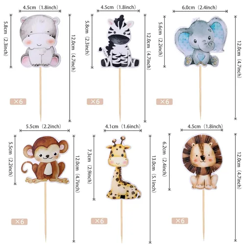 Miniatura 2 de 36 piezas de decoración para cupcakes de animales de la jungla, león, mono, cebra, hipopótamo, jirafa, elefante, temática de bosque, púas