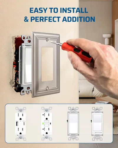 Miniatura 3 de DEWENWILS Paquete de 4 cubiertas de pared de metal, placas de pared decorativas para receptáculos, salida GFCI, interruptor de atenuación, níquel