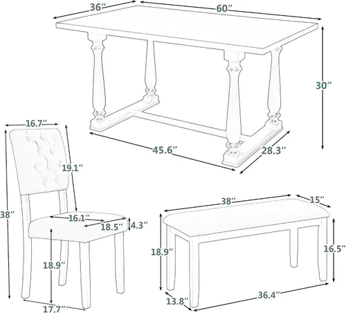 Miniatura 3 de Merax Juego de mesa de comedor de 6 piezas con banco, mesa rectangular de madera de 60 pulgadas con 4 sillas copetudas de respaldo alto y 1 banco