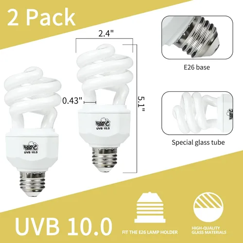 Miniatura 2 de LUCKY HERP Paquete de 2 luces UVA UVB para reptiles, 15 W 10.0 UVB para reptiles del desierto, lámpara fluorescente compacta de terrario, bombilla