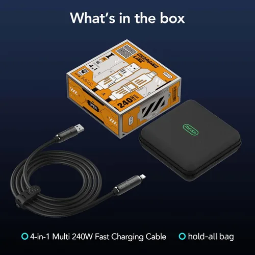 Miniatura 6 de MFish Cable de carga USB 4 en 1 con funda de transporte, cable de carga rápida de 240 W, USB-A y USB-C dual a USB-C/Lightning, para iPhone Negro
