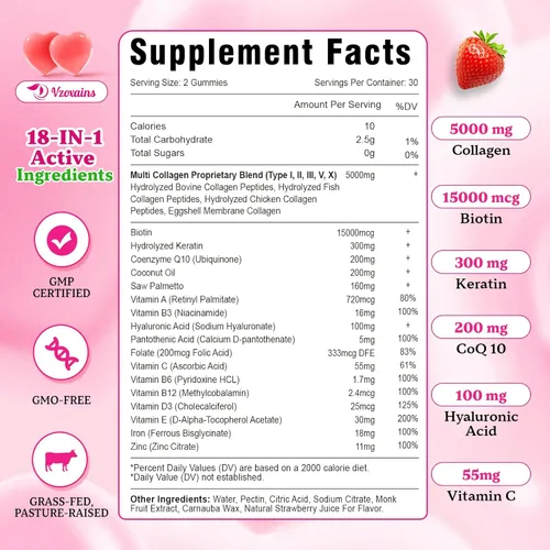 Miniatura 7 de Gomitas de péptidos de colágeno múltiple, gomitas de colágeno para mujeres y hombres, proteína tipo I, II, III, V, X con biotina, ácido hialurónico