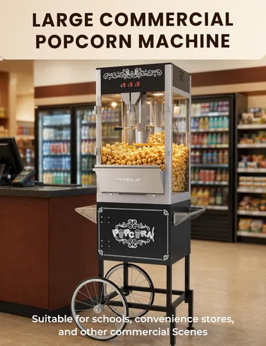 Miniatura 3 de Máquina comercial de palomitas de maíz con carro, auténtica máquina para hacer palomitas de maíz de 16 onzas con plataforma de calentamiento, Negro