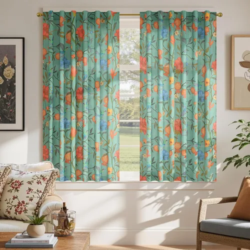 JOOJA Cortinas florales bohemias de 54 pulgadas con estampado de pájaros tropicales, cortinas de lino semitransparentes para cocina, dormitorio,