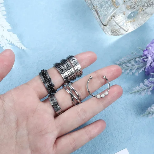 Miniatura 6 de Sanfenly Juego de 9 anillos antiestrés para la ansiedad para mujeres y hombres cadena fría de acero inoxidable con incrustaciones de luna sol