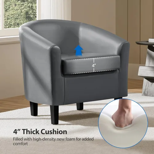 Miniatura 8 de Yaheetech Silla de barril de piel sintética, moderna silla de acento con patas resistentes de madera, silla de club de piel sintética, cómoda silla