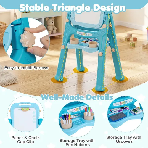 Miniatura 7 de Costzon 4-in-1 Height Adjustable Art Easel for Kids Magnetic Chalkboard & Whiteboard w/ Storage Tray and Detachable Design, No-Tool Assembly, Gift